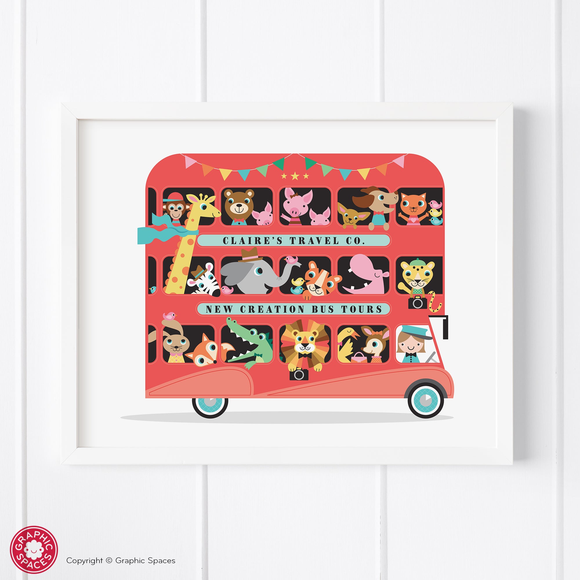 London bus nursery art print, animals.