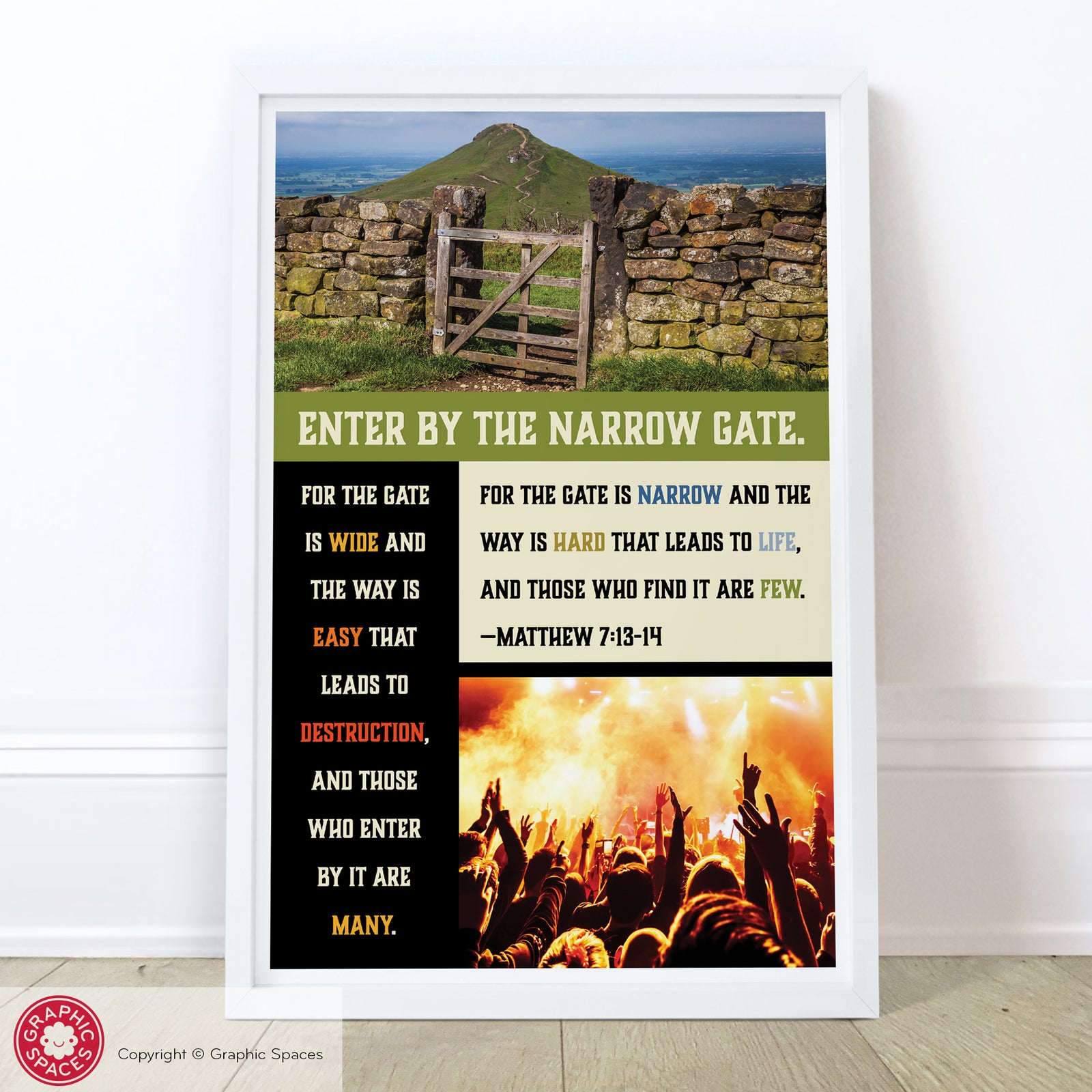 Christian Poster - Enter By the Narrow Gate (Matthew 7:13-14) scripture art print for church classrooms - Graphic Spaces