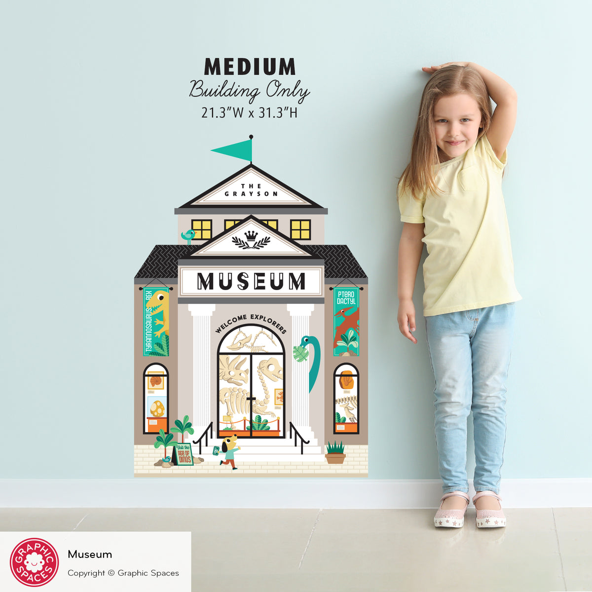 Kids Wall Decal - Happy Town Dinosaur Museum (Personalized) - MEDIUM Building - Graphic Spaces