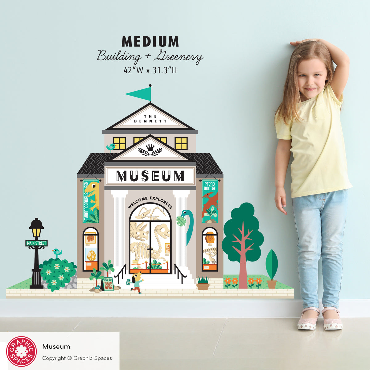 Kids Wall Decal - Happy Town Dinosaur Museum (Personalized) - MEDIUM Building + Greenery - Graphic Spaces