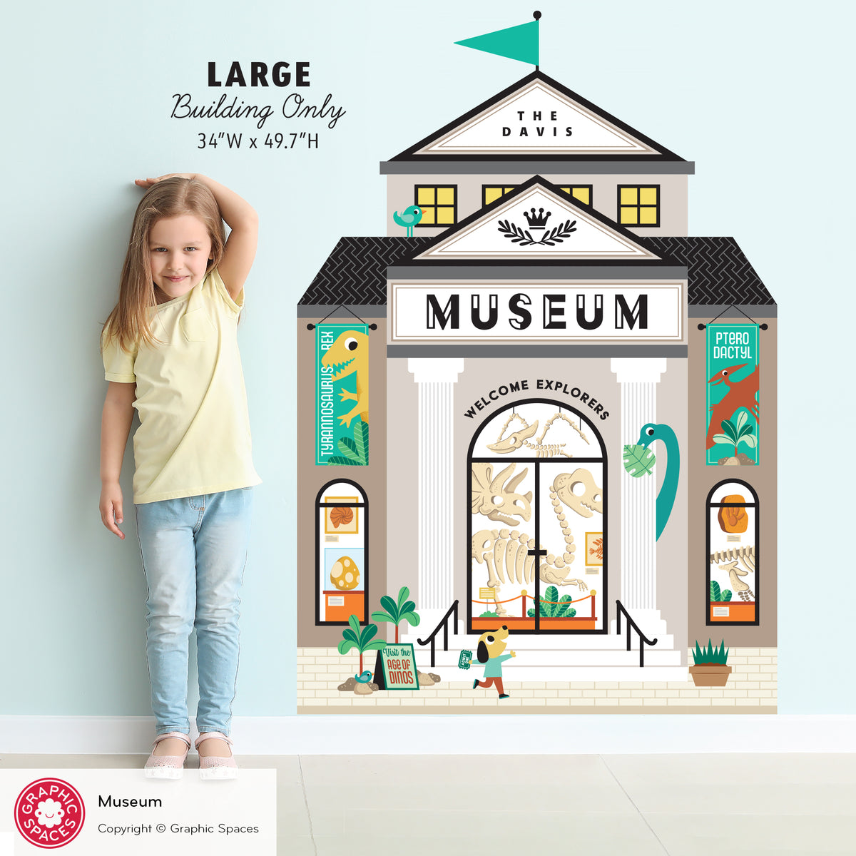 Kids Wall Decal - Happy Town Dinosaur Museum (Personalized) - LARGE Building - Graphic Spaces