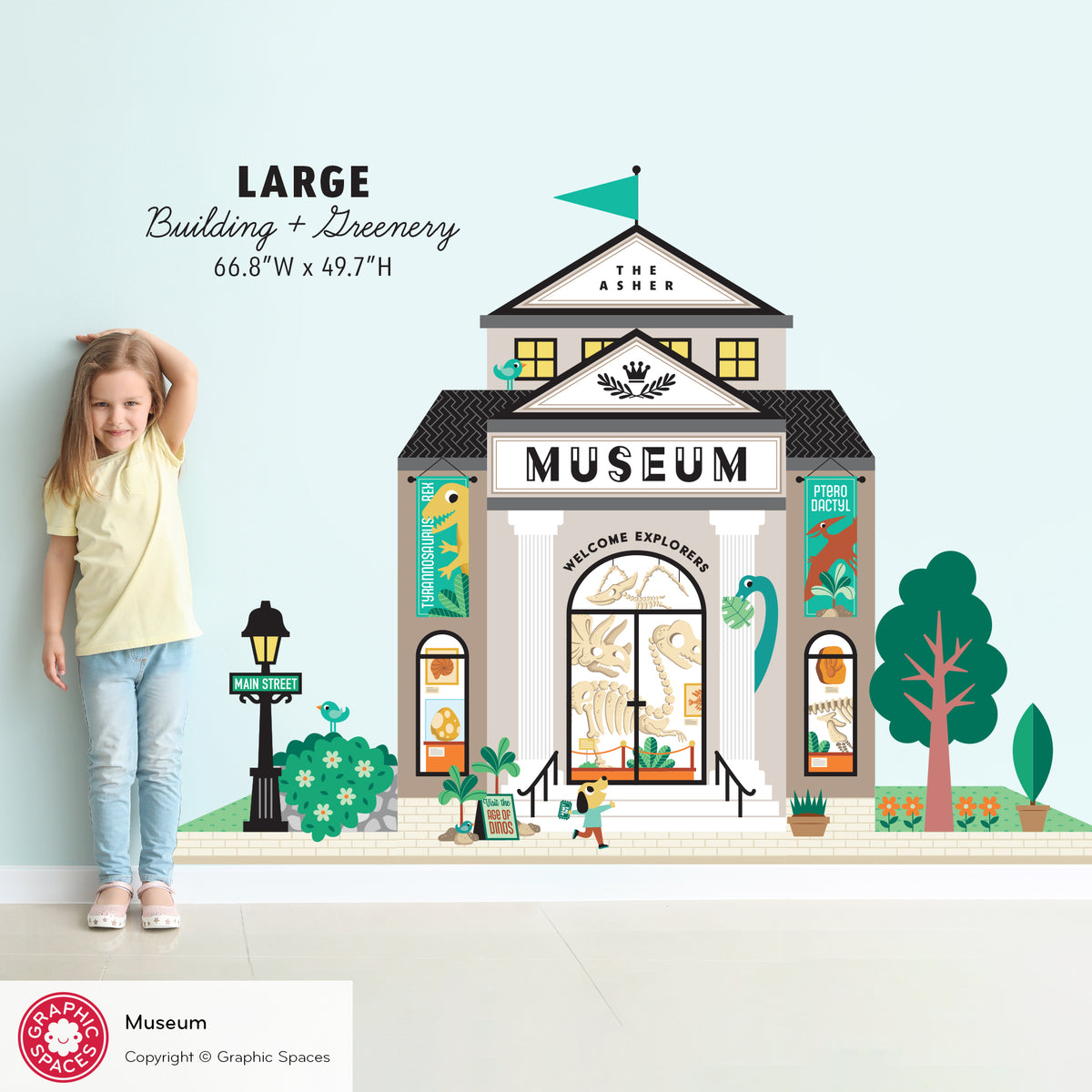 Kids Wall Decal - Happy Town Dinosaur Museum (Personalized) - LARGE Building + Greenery - Graphic Spaces