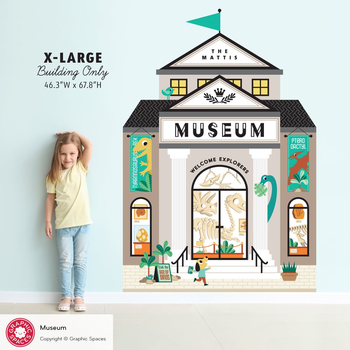 Kids Wall Decal - Happy Town Dinosaur Museum (Personalized) - X-LARGE Building - Graphic Spaces