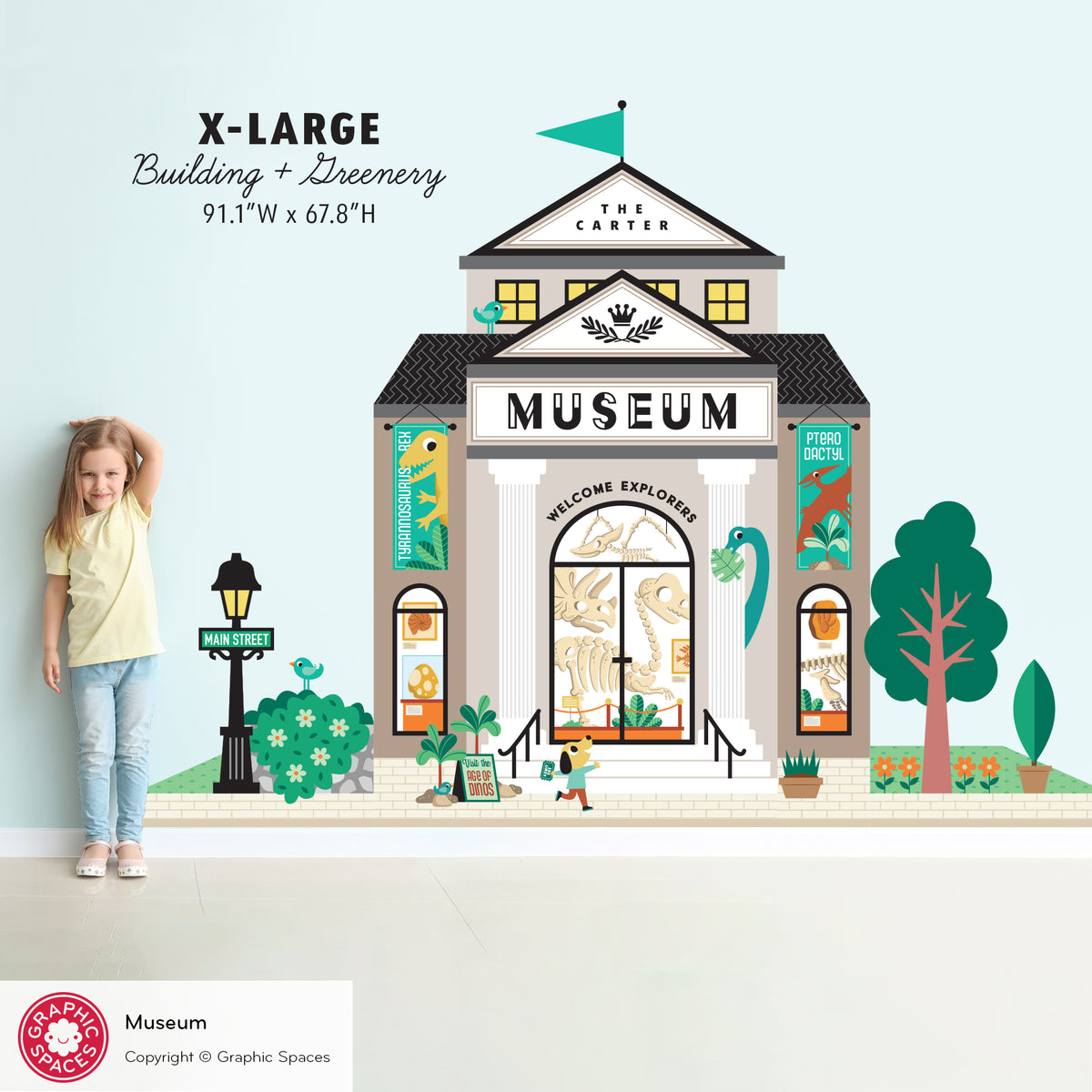 Kids Wall Decal - Happy Town Dinosaur Museum (Personalized) - X-LARGE Building + Greenery - Graphic Spaces