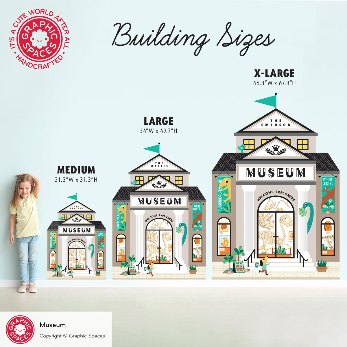 Kids Wall Decal - Happy Town Dinosaur Museum (Personalized) Size Comparison - Graphic Spaces