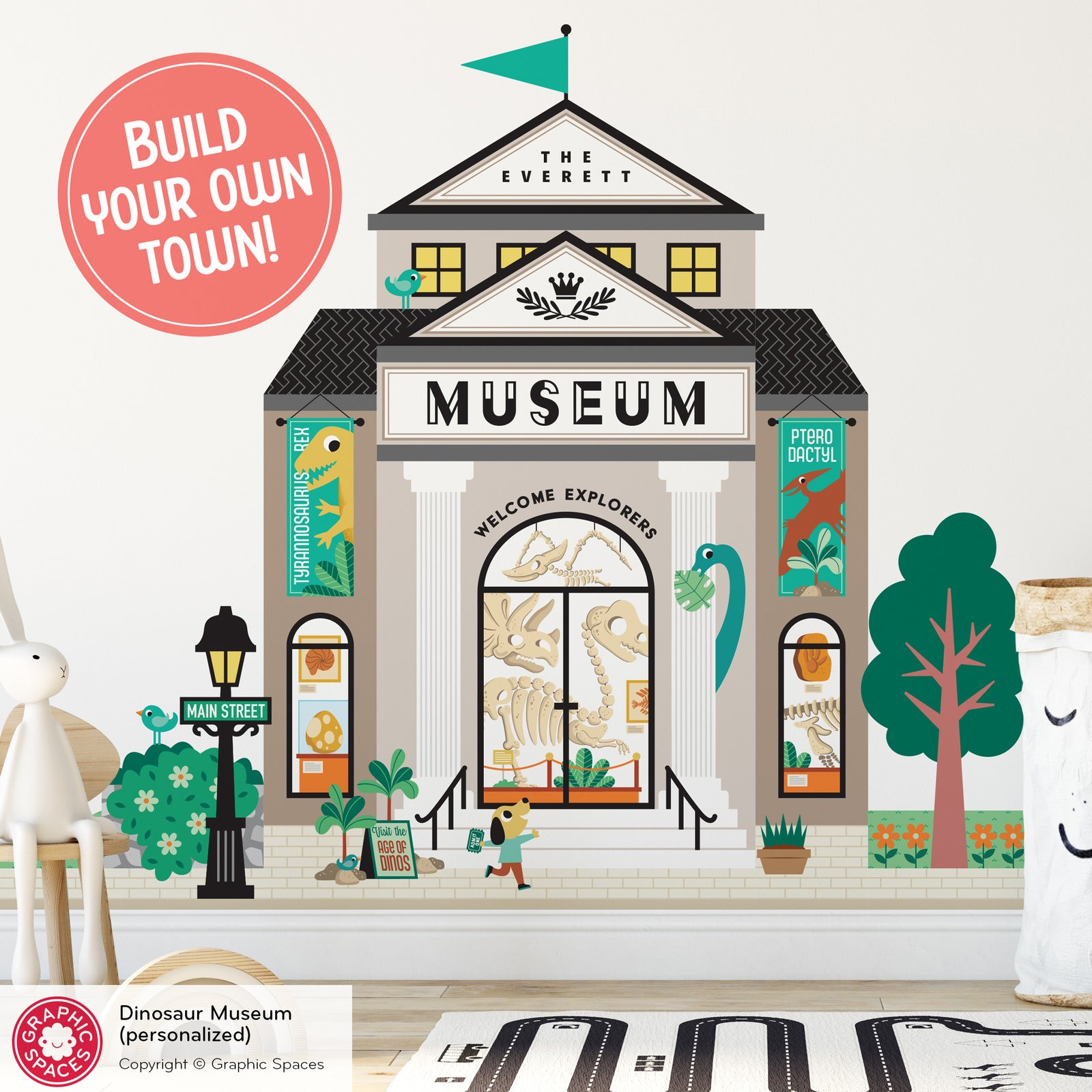 Kids Wall Decal - Happy Town Dinosaur Museum (Personalized) - Graphic Spaces