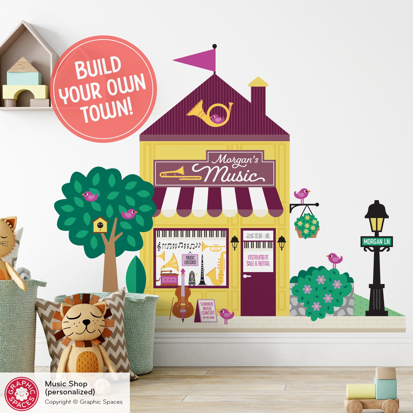 Kids Wall Decal - Happy Town Music Shop (Personalized) - Graphic Spaces