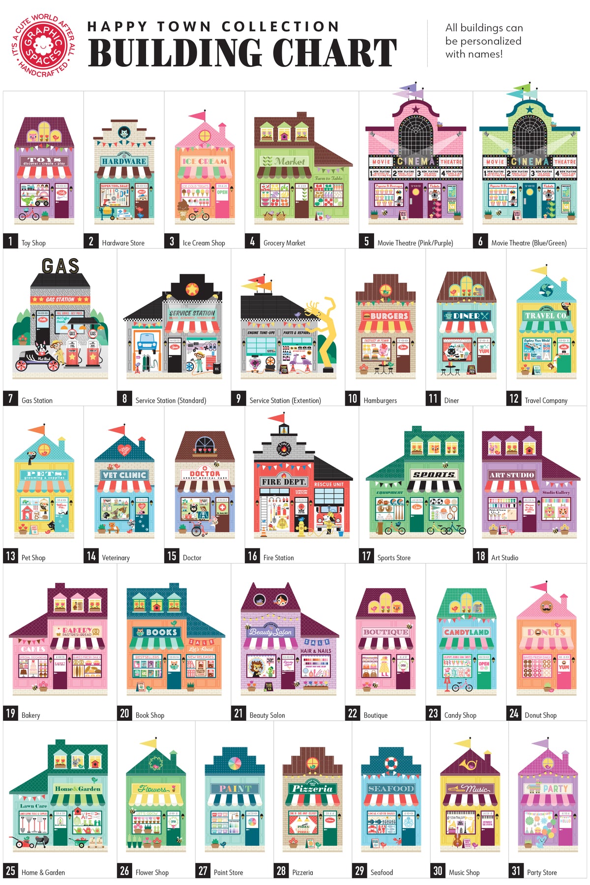 Wall Mural - Happy Town Village (Personalized, 5 Buildings)