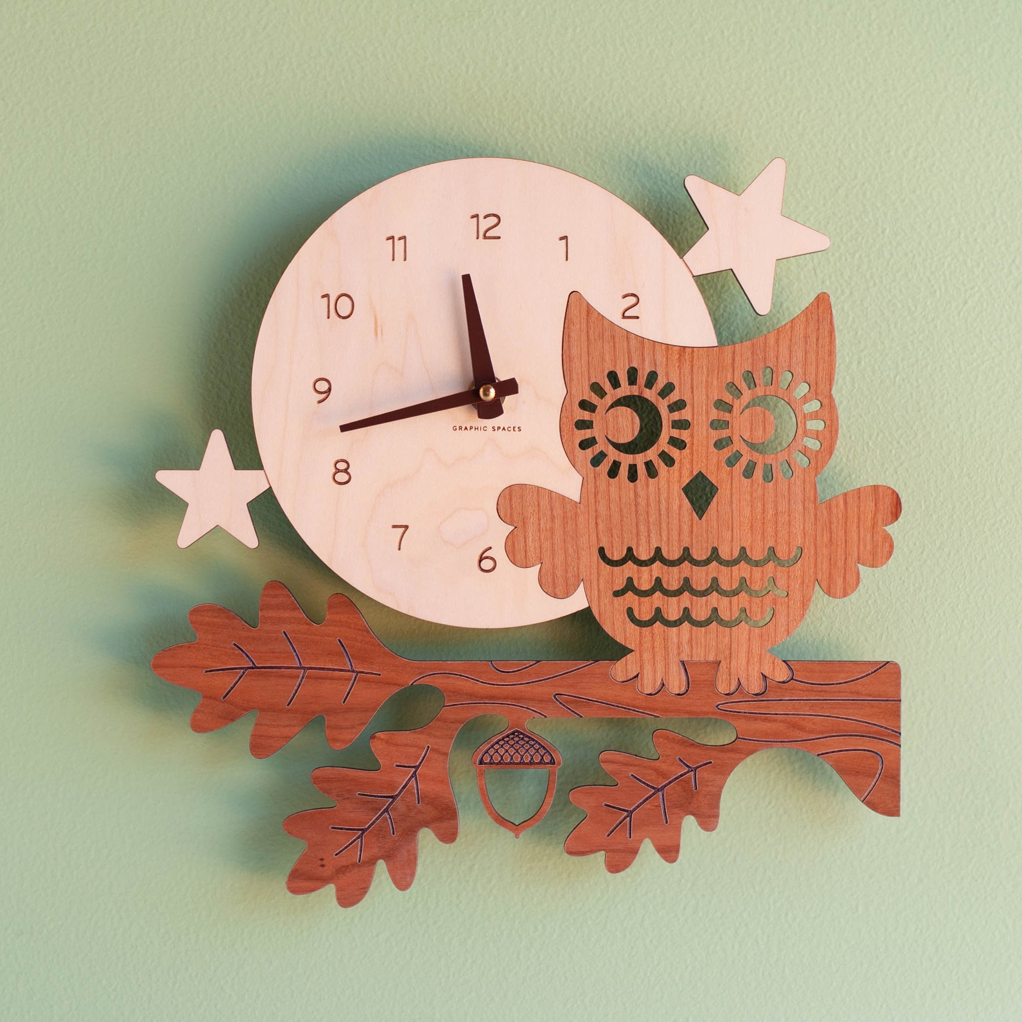 Wooden Night Owl Nursery Wall Clock, Pumpkin Hands.