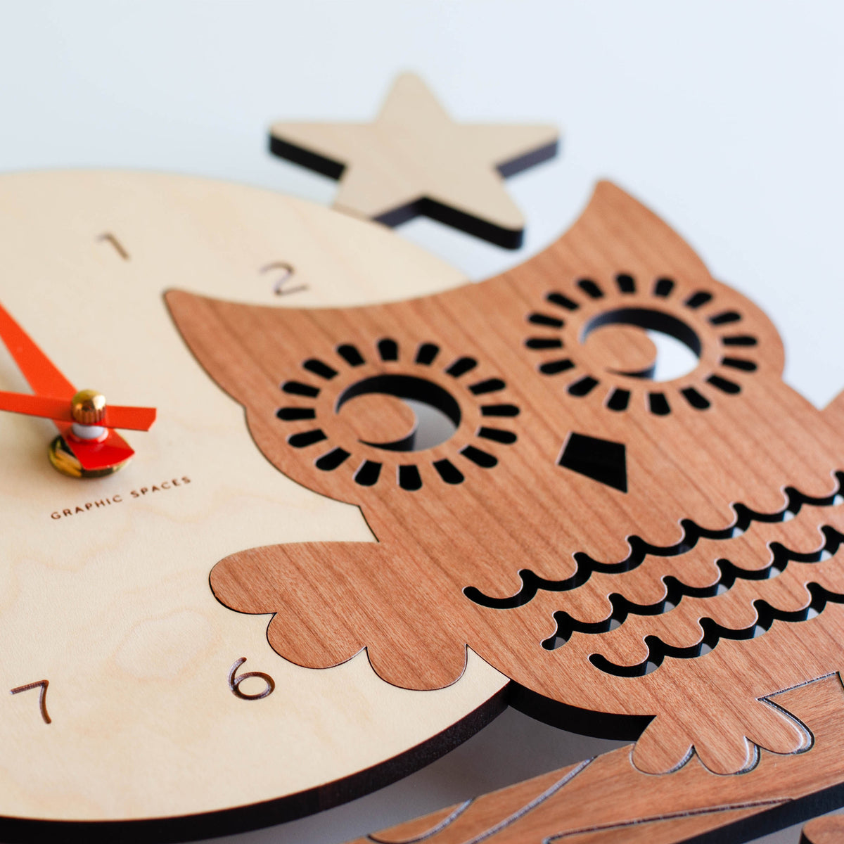 Wooden Night Owl Nursery Wall Clock, Pumpkin Hands.