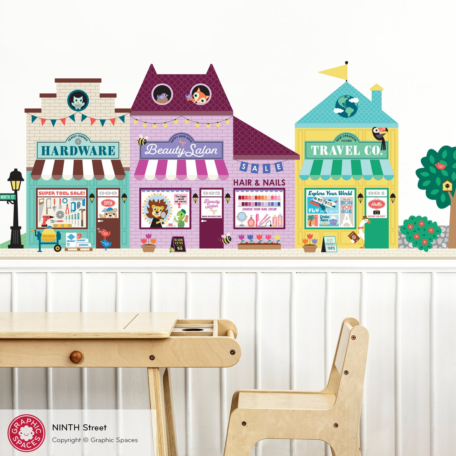 Kids Wall Decal - Happy Town 9th St (Hardware Store, Beauty Salon, Travel Agency)- Graphic Spaces