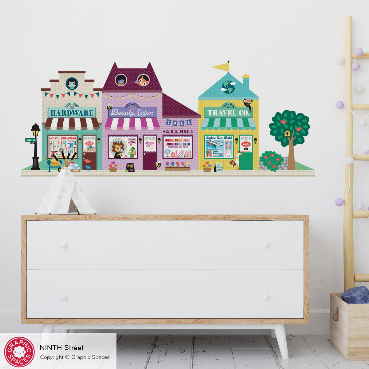 Kids Wall Decal - Happy Town 9th St (Hardware Store, Beauty Salon, Travel Agency)- Graphic Spaces