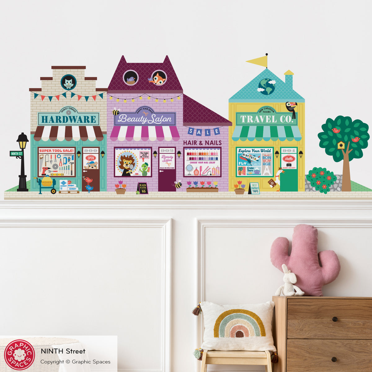 Kids Wall Decal - Happy Town 9th St (Hardware Store, Beauty Salon, Travel Agency)- Graphic Spaces