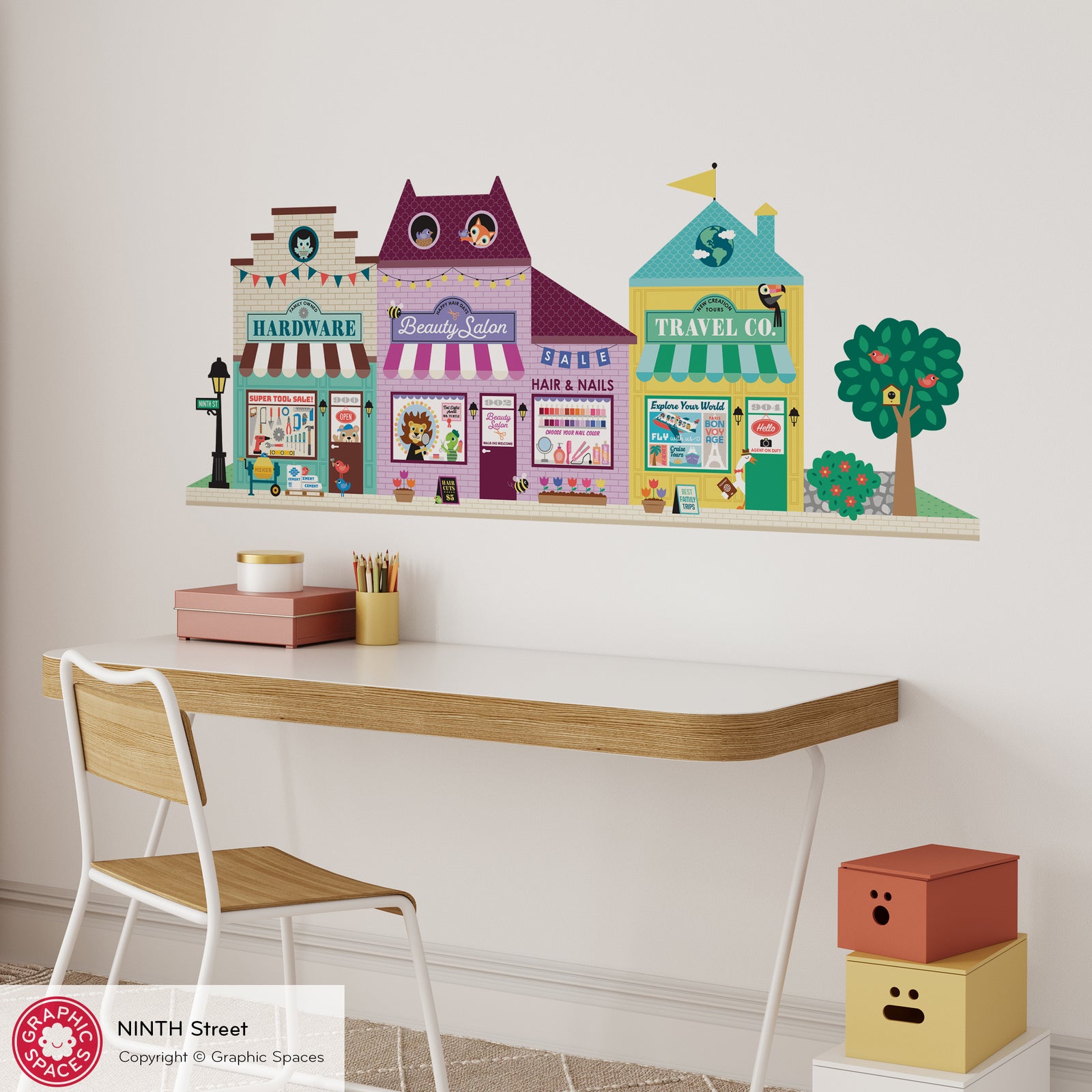 Kids Wall Decal - Happy Town 9th St (Hardware Store, Beauty Salon, Travel Agency)- Graphic Spaces