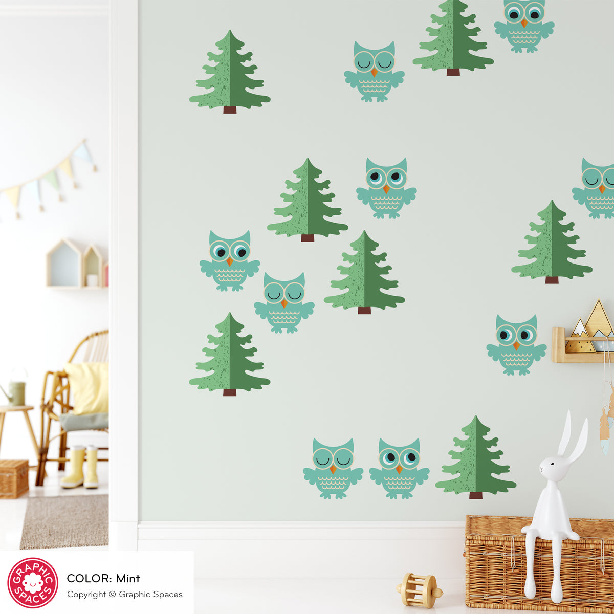 Owl &amp; Pine Tree Scatter Fabric Wall Decals - Pack of 36