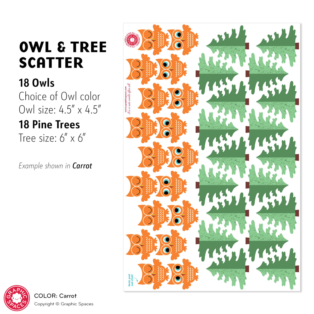 Owl &amp; Pine Tree Scatter Fabric Wall Decals - Pack of 36