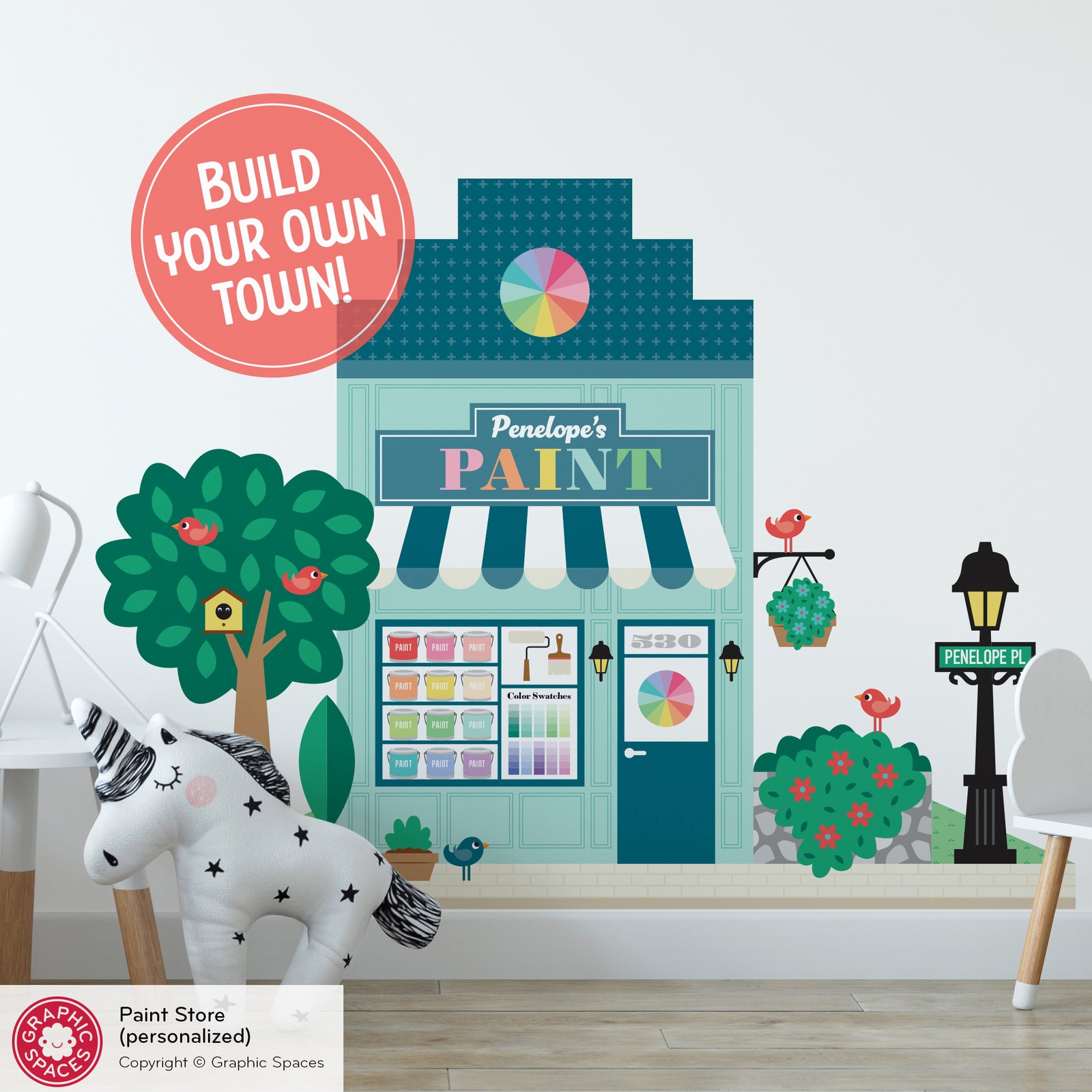 Kids Wall Decal - Happy Town Paint Store (Personalized) - Graphic Spaces