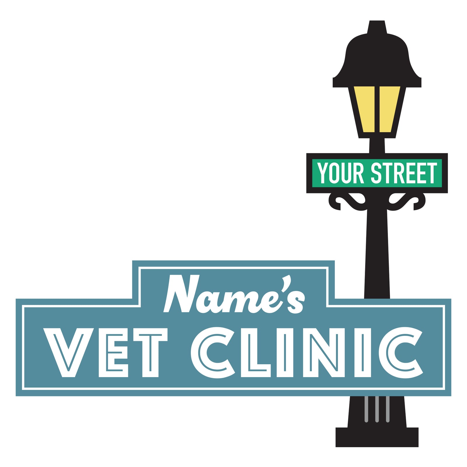 Personalised Happy Town Vet Clinic wall-decal preview—custom name street-lamp sign and teal clinic sign shown on white.