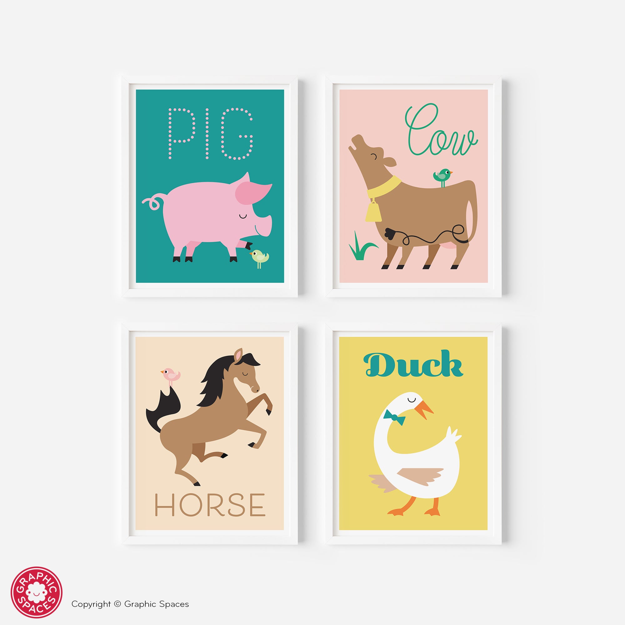 Farm animals nursery art prints. Set of four includes pig, horse, cow, duck.