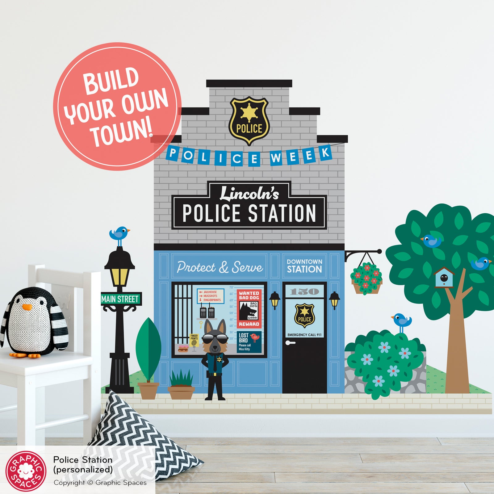 Kids Wall Decal - Happy Town Police Station (Personalized) - Graphic Spaces