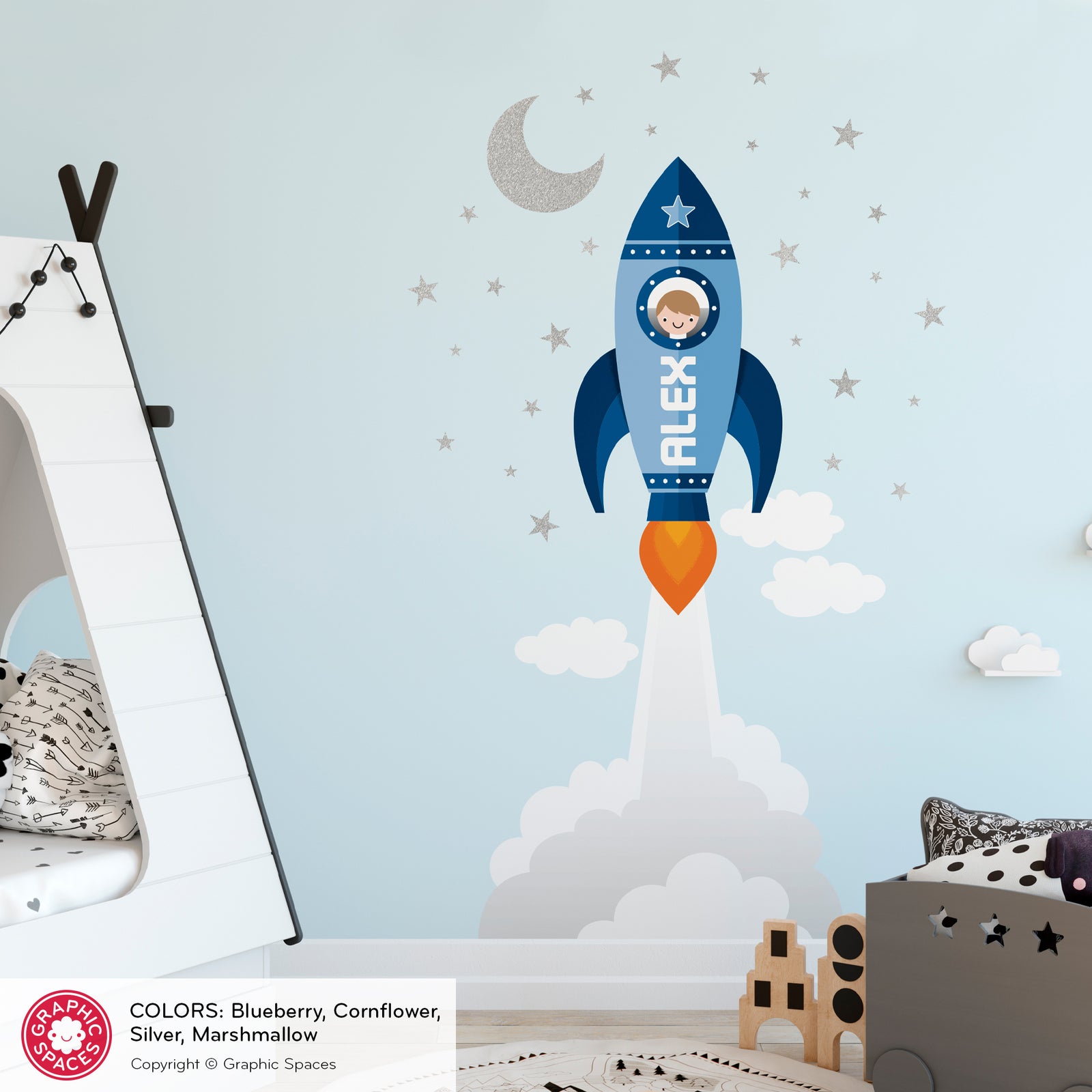 Kids Wall Decal - Rocket Launch Wall Decal (Personalized, Boy) - Graphic Spaces