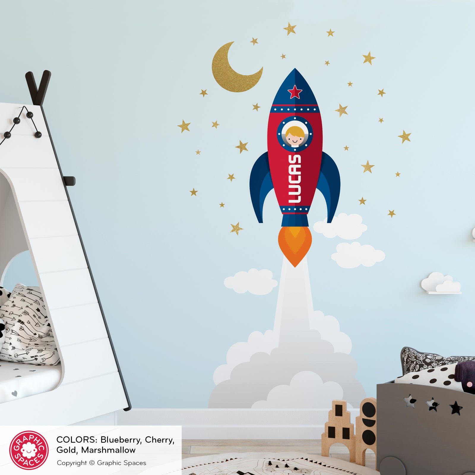 Kids Wall Decal - Rocket Launch Wall Decal (Personalized, Boy) - Graphic Spaces
