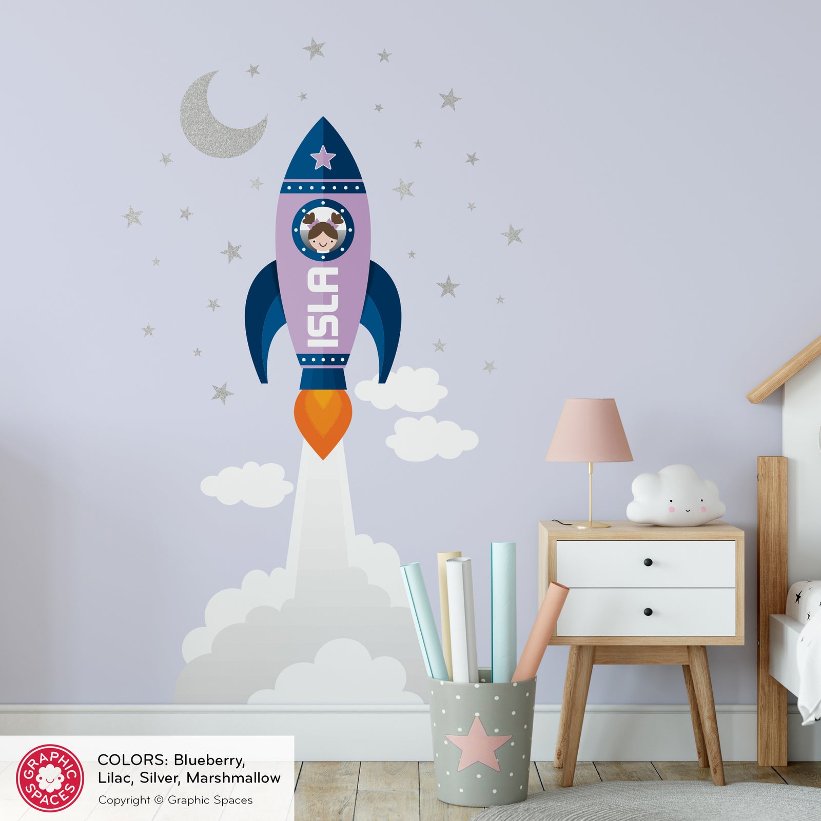 Girl Wall Decal - Rocket Launch Wall Decal (Personalized, Girl) - Graphic Spaces
