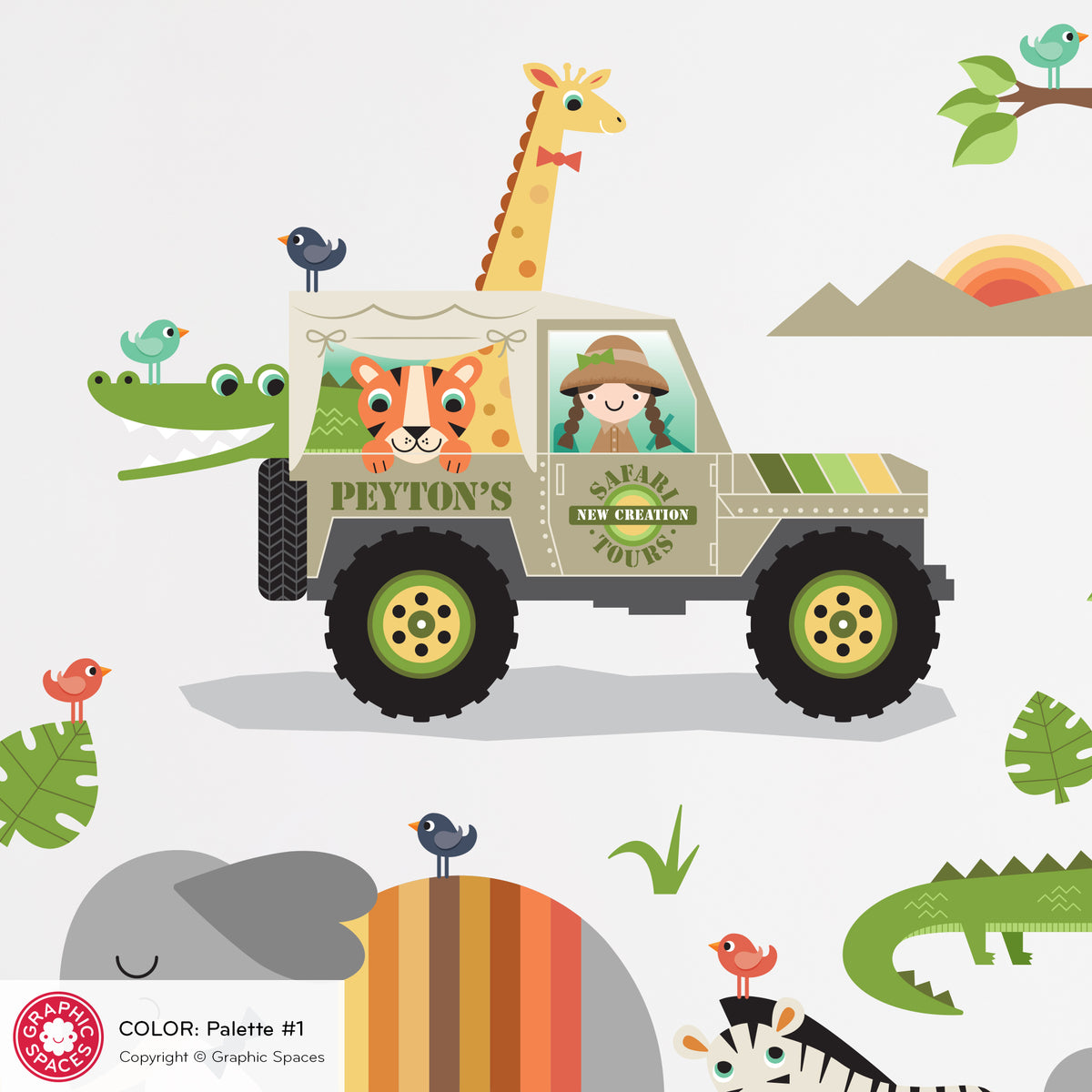 Wall Decal - Safari Jeep Animal Collection (Personalized, Girl)