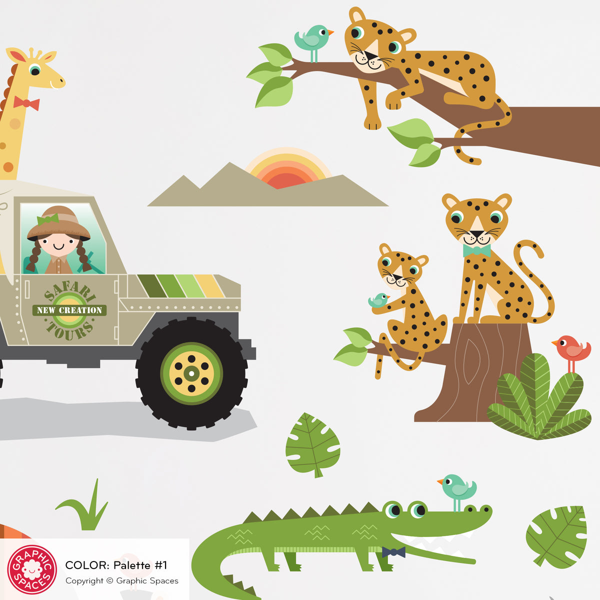 Wall Decal - Safari Jeep Animal Collection (Personalized, Girl)