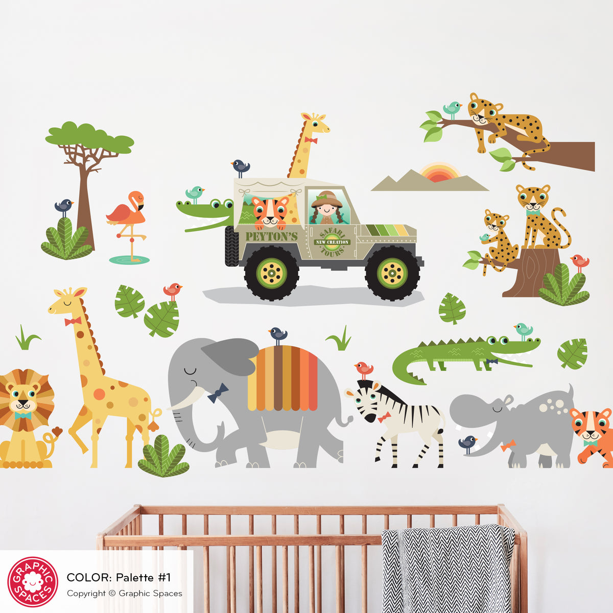 Wall Decal - Safari Jeep Animal Collection (Personalized, Girl)