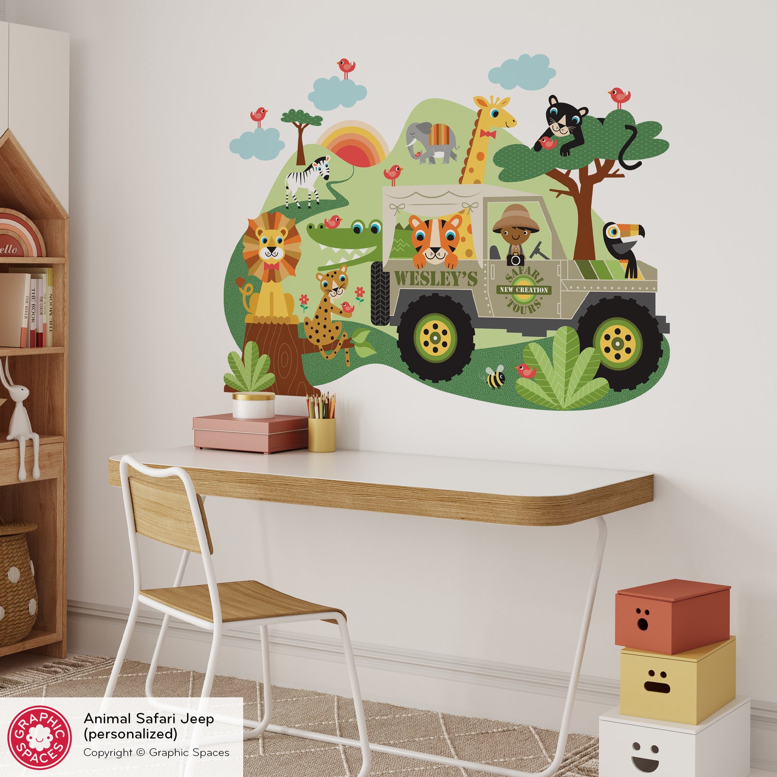Kids Wall Decal - Safari Jeep Adventure (Personalized, Boy) - Graphic Spaces