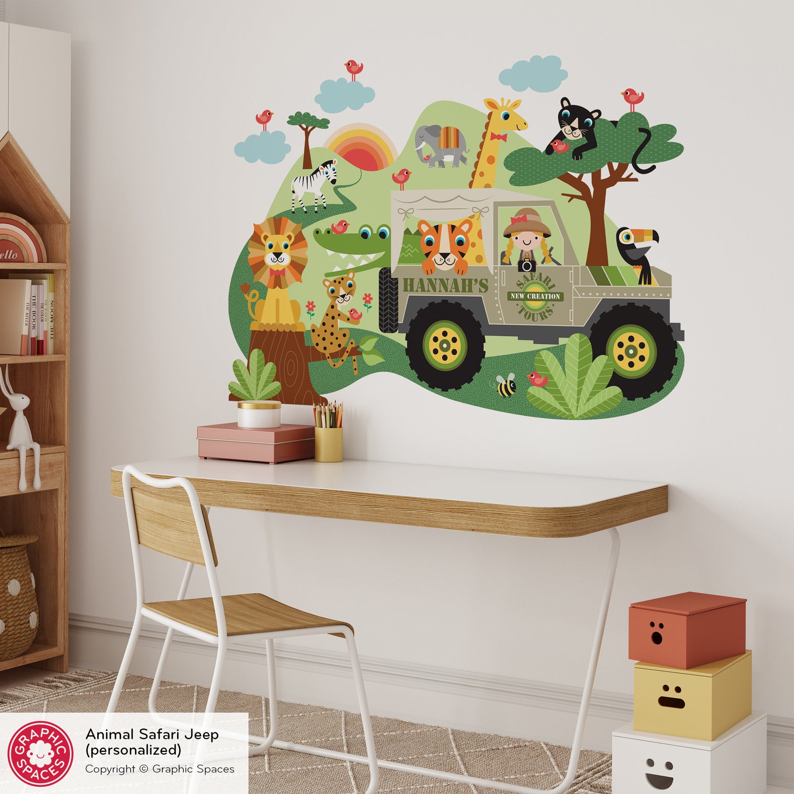 Kids Wall Decal - Safari Jeep Adventure (Personalized, Girl) - Graphic Spaces