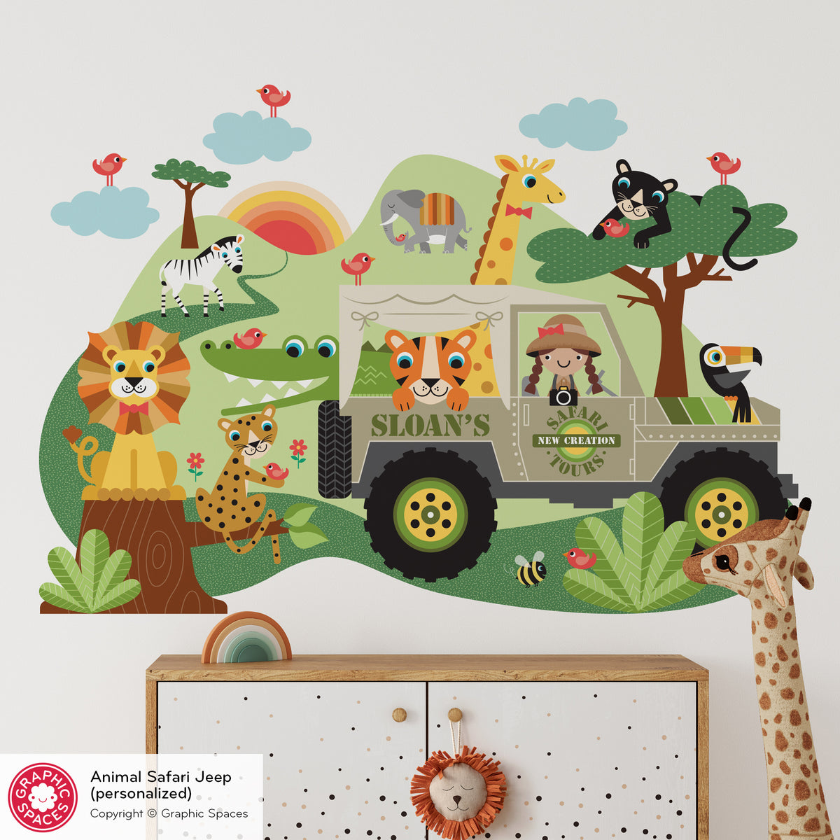 Safari Jeep Adventure Fabric Wall Decal, Personalized GIRL