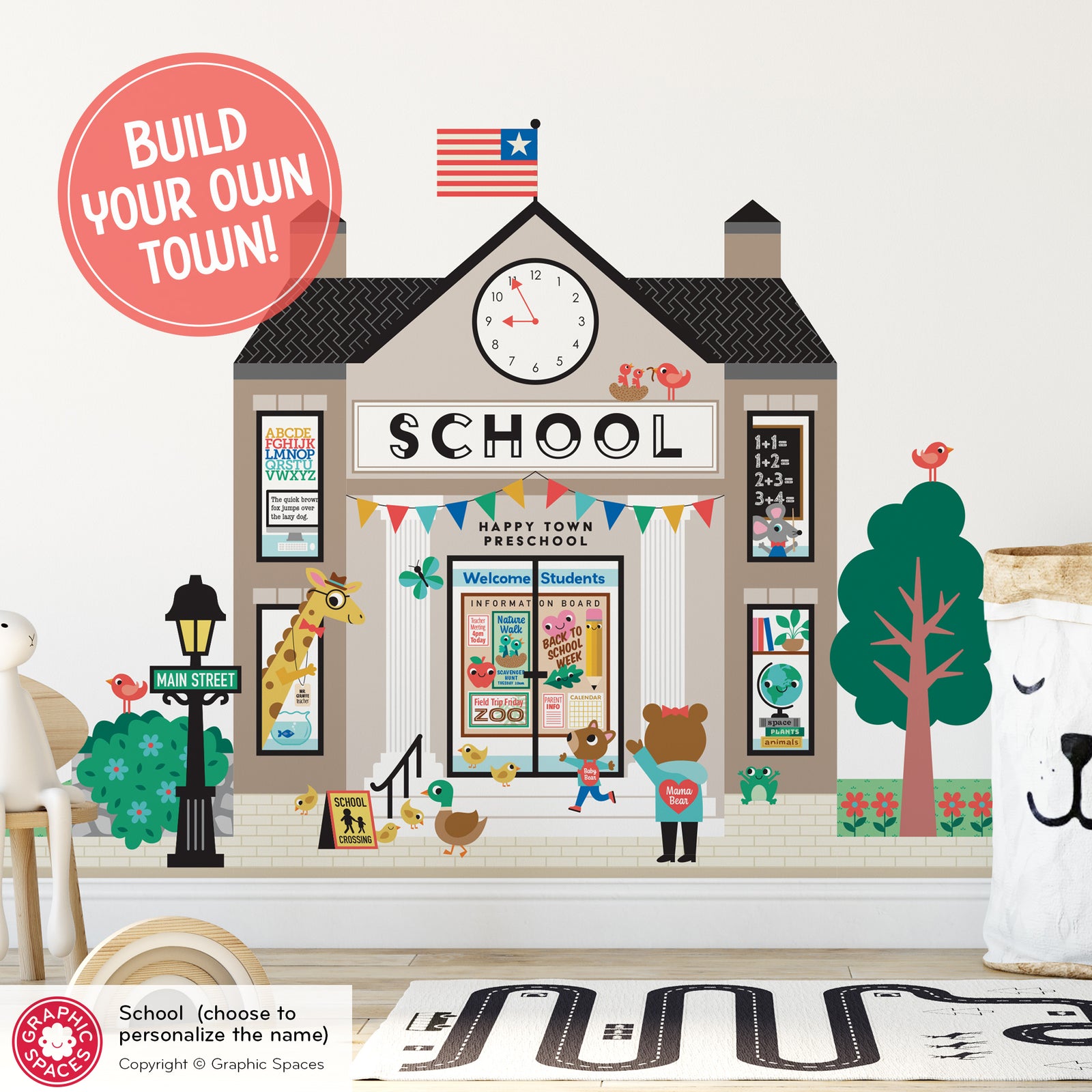 Kids Wall Decal - Happy Town School (Personalized) - Graphic Spaces