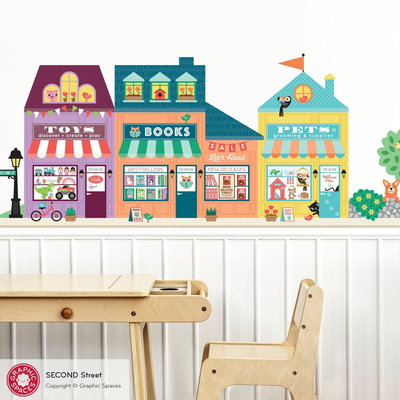 Kids Wall Decal - Happy Town 2nd St (Toy Store, Book Shop, Pet Shop) - Graphic Spaces