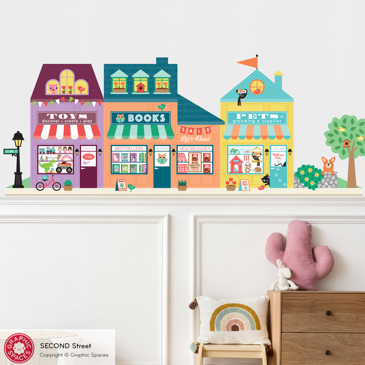 Happy Town Fabric Wall Decals - Second Street (Toy Shop, Book Shop, Pet Shop)
