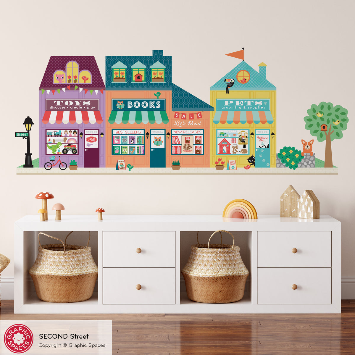 Happy Town Fabric Wall Decals - Second Street (Toy Shop, Book Shop, Pet Shop)