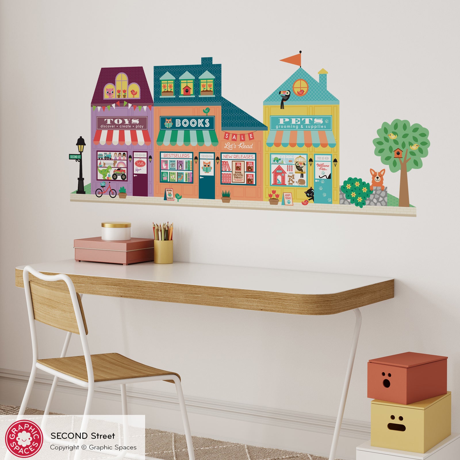 Kids Wall Decal - Happy Town 2nd St (Toy Store, Book Shop, Pet Shop) - Graphic Spaces