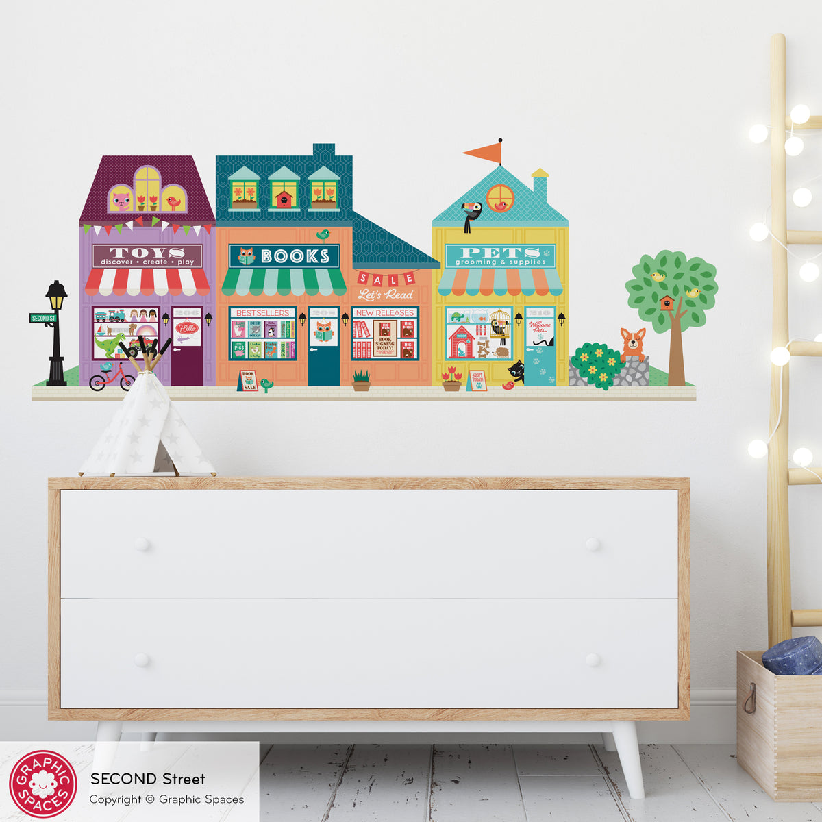 Happy Town Fabric Wall Decals - Second Street (Toy Shop, Book Shop, Pet Shop)