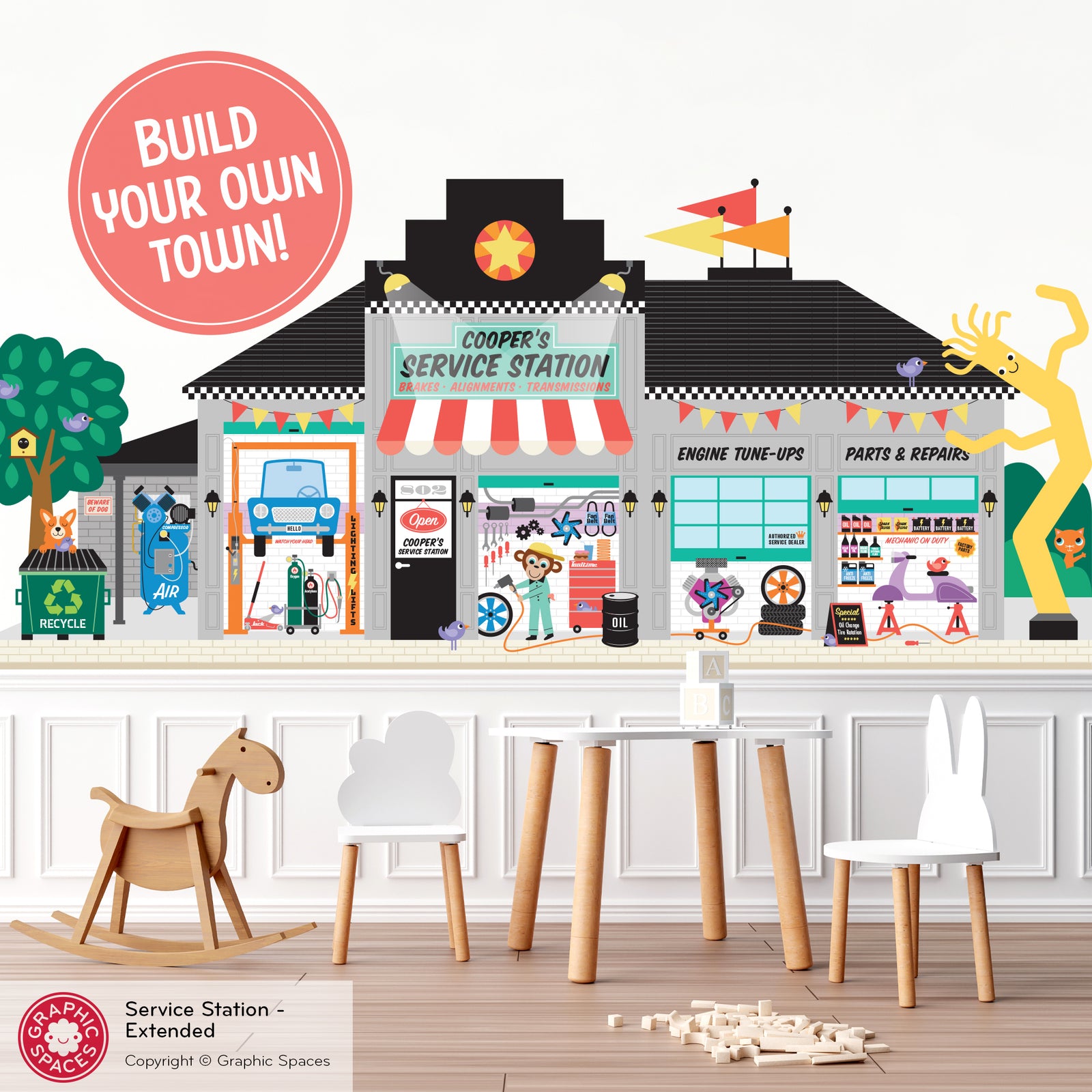 Kids Wall Decal - Happy Town Car Service Station (Personalized, Extended Version) - Graphic Spaces