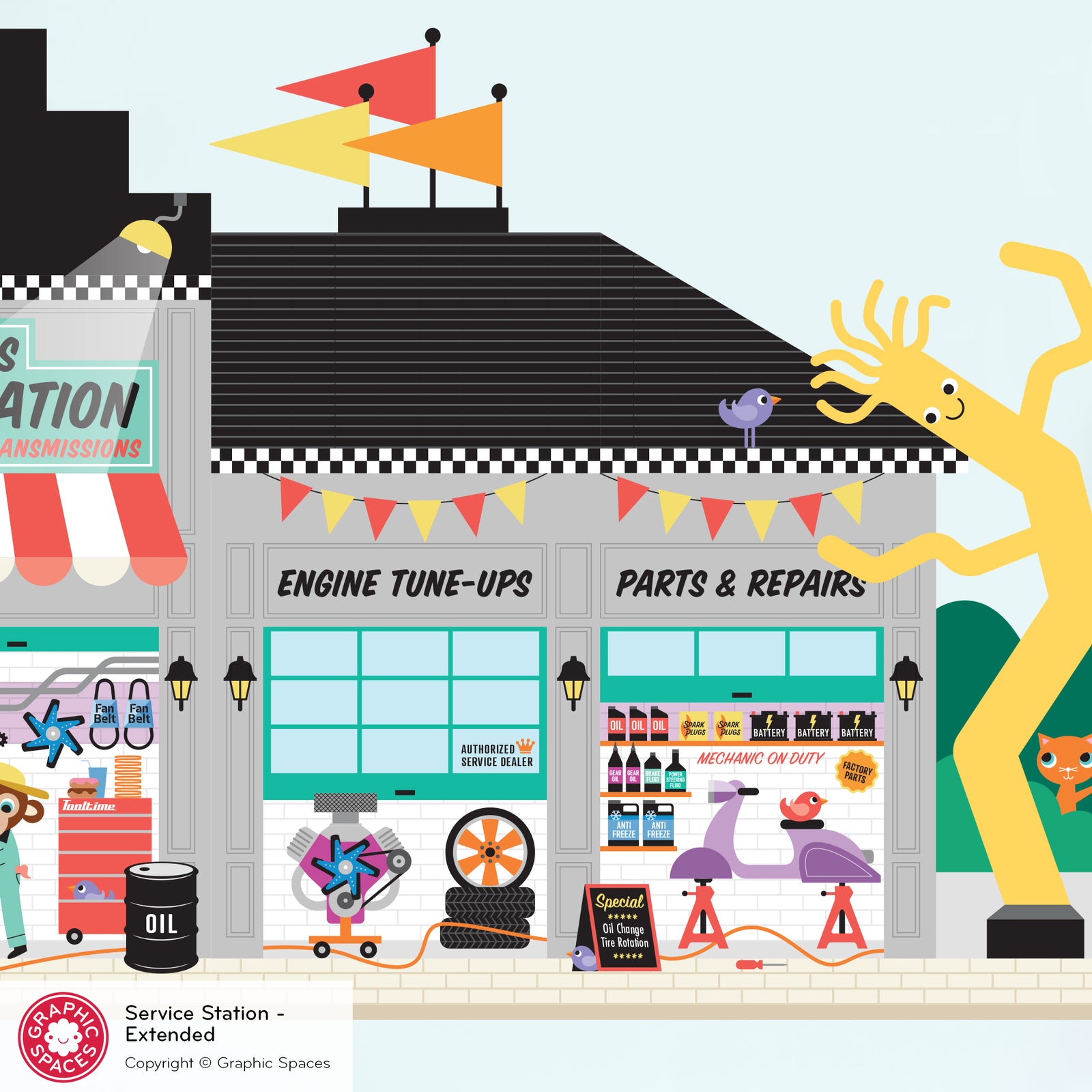 Kids Wall Decal - Happy Town Car Service Station (Personalized, Extended Version) - Graphic Spaces