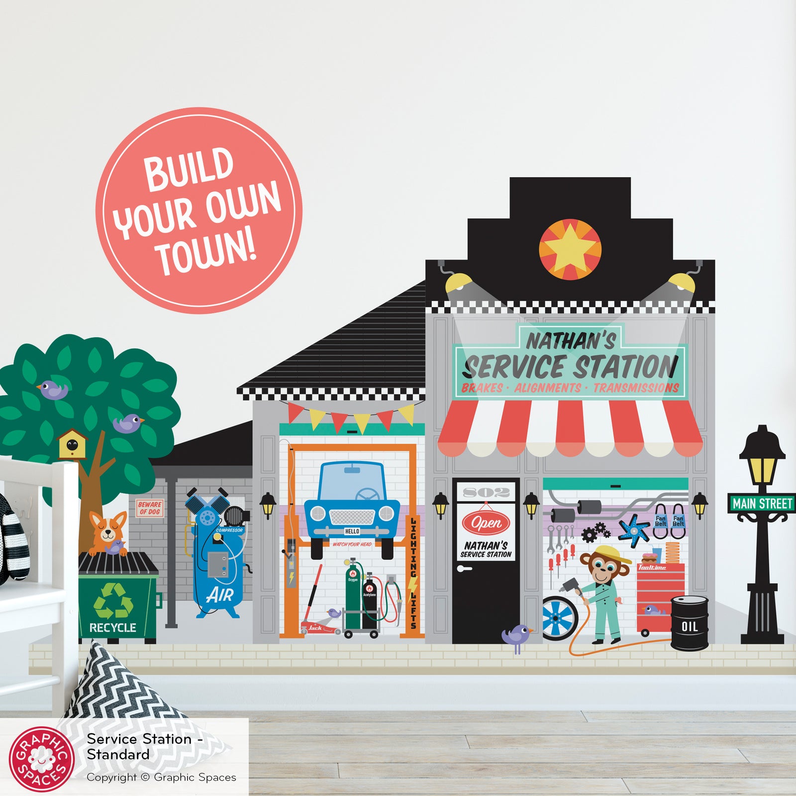 Kids Wall Decal - Happy Town Car Service Station (Personalized, Standard Version) Graphic Spaces