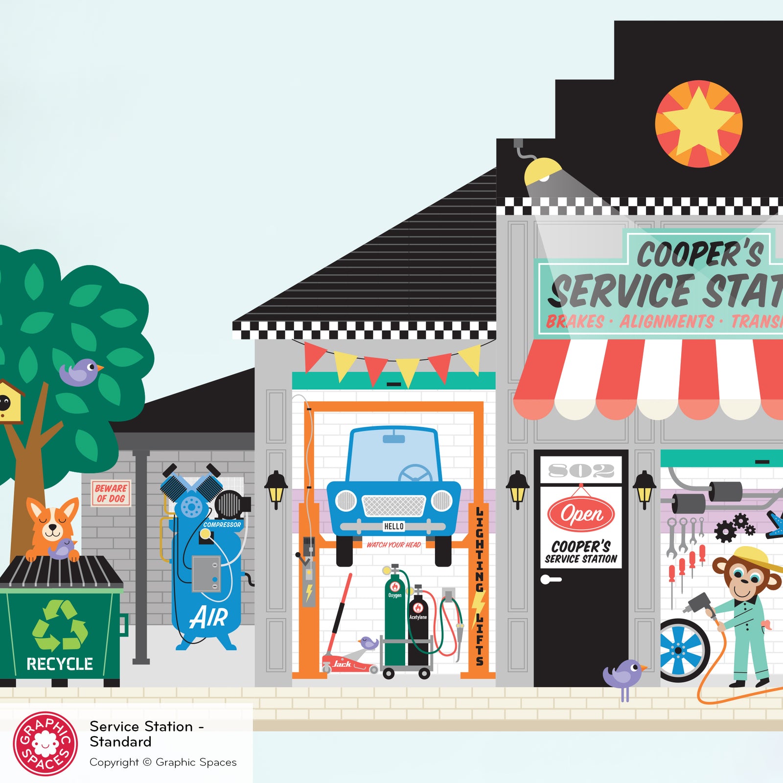 Kids Wall Decal - Happy Town Car Service Station (Personalized, Standard Version) Graphic Spaces