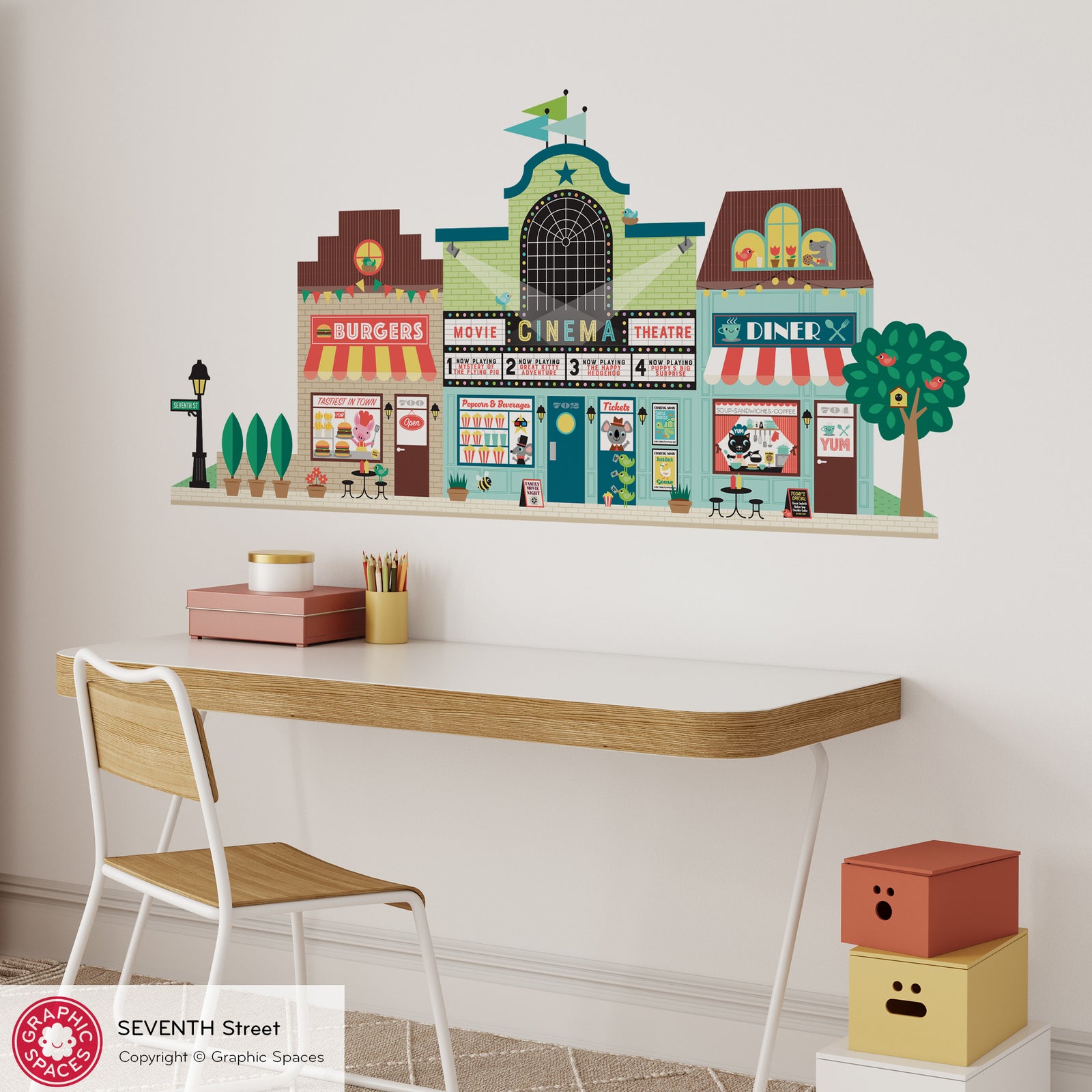 Kids Wall Decal - Happy Town 7th St (Burgers, Movie Theatre, Diner Café) - Graphic Spaces