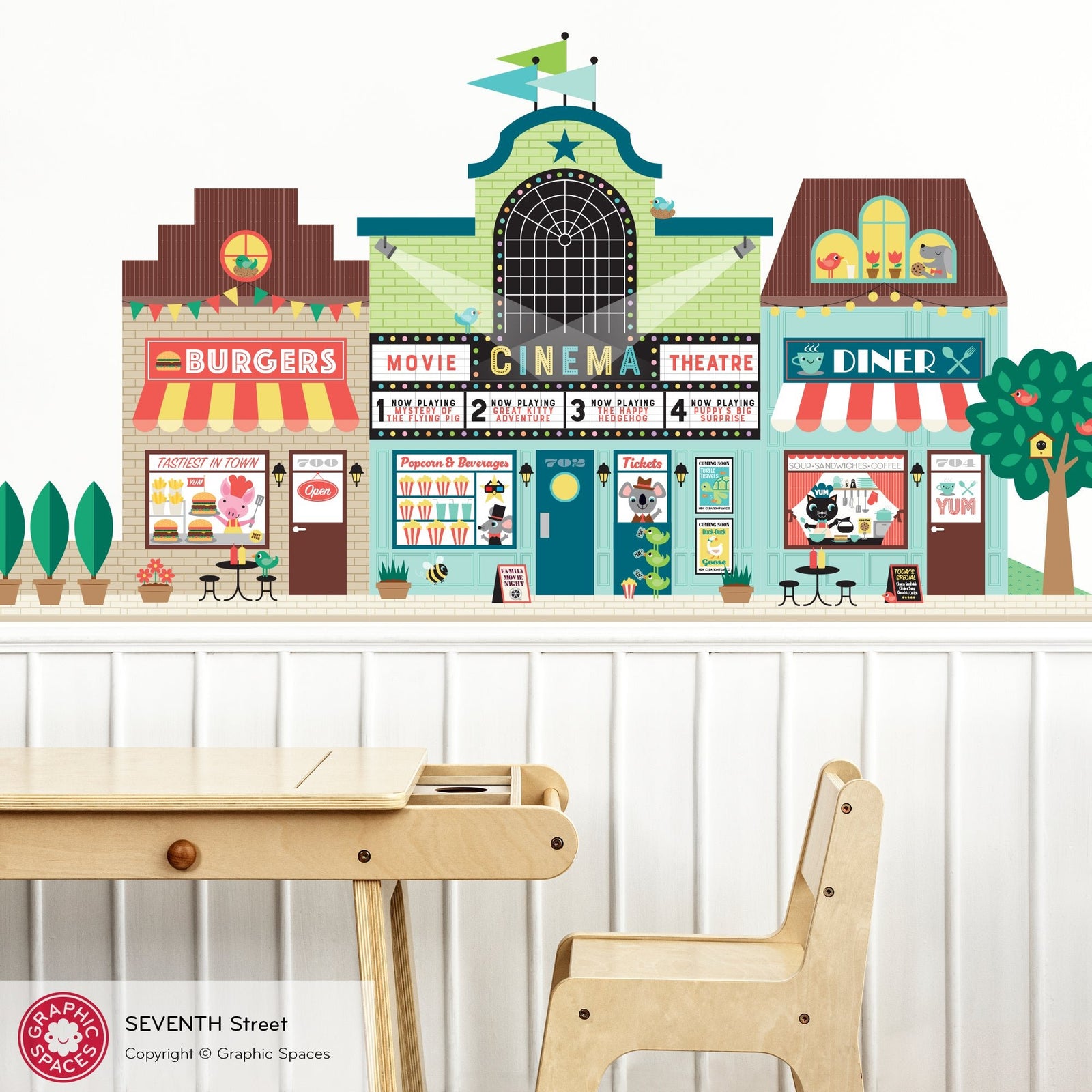 Kids Wall Decal - Happy Town 7th St (Burgers, Movie Theatre, Diner Café) - Graphic Spaces