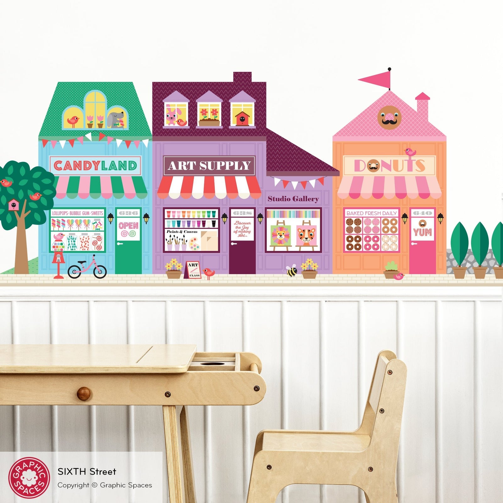 Kids Wall Decal - Happy Town 6th St (Candy Shop, Art Studio, Donut Shop) - Graphic Spaces