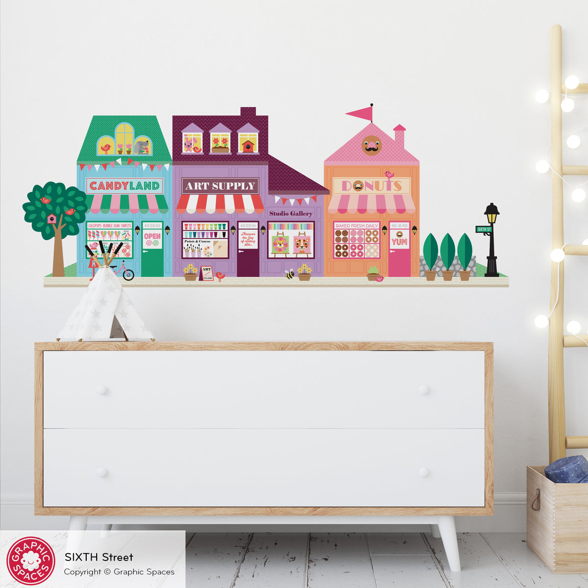 Happy Town Fabric Wall Decals - Sixth Street (Candy Shop, Art Supply, Donut Shop)