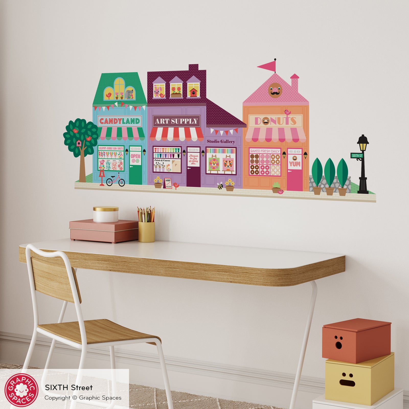 Kids Wall Decal - Happy Town 6th St (Candy Shop, Art Studio, Donut Shop) - Graphic Spaces