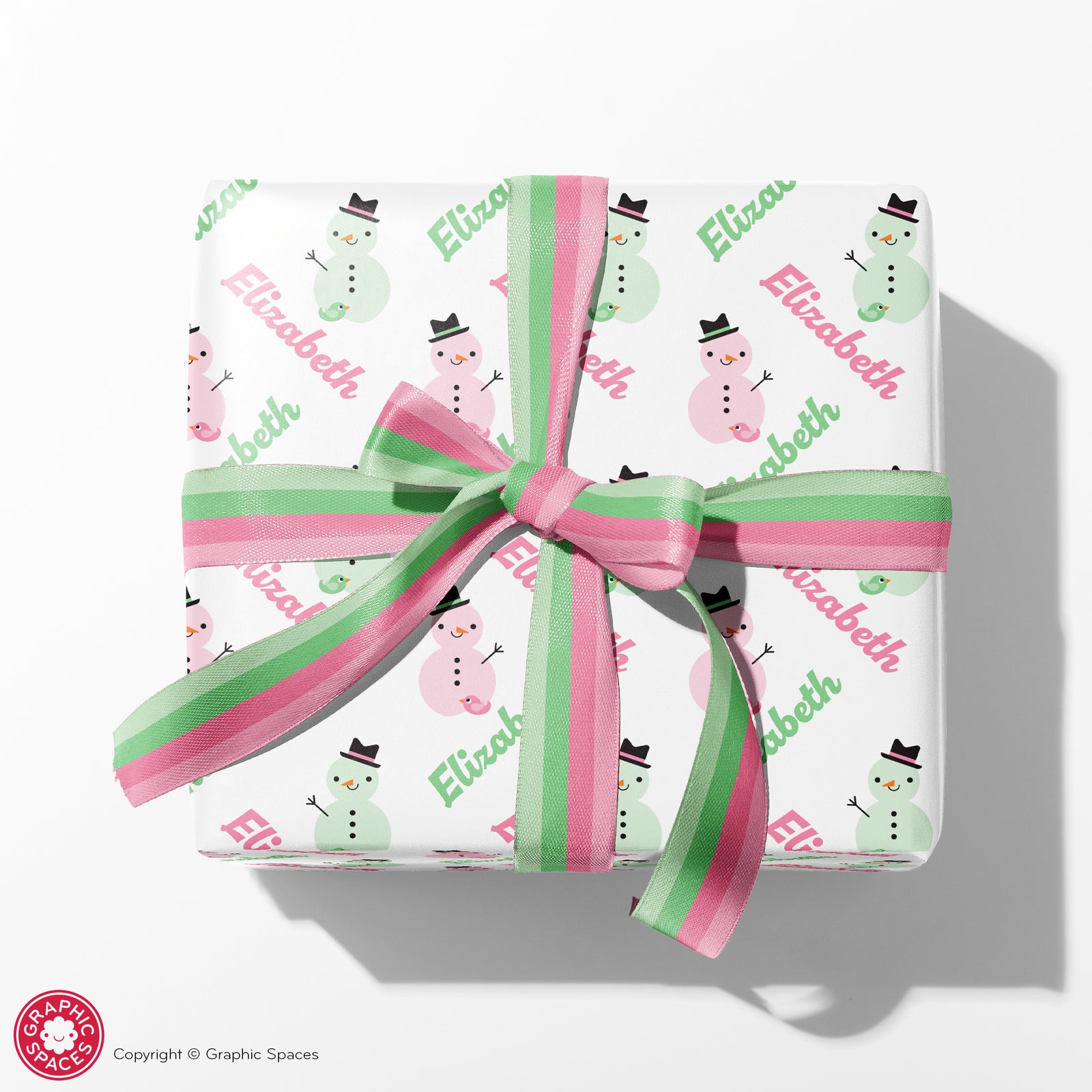 Kids Winter Wrapping Paper - Snowman (Personalized, Pink & Green Pastel) - Graphic Spaces