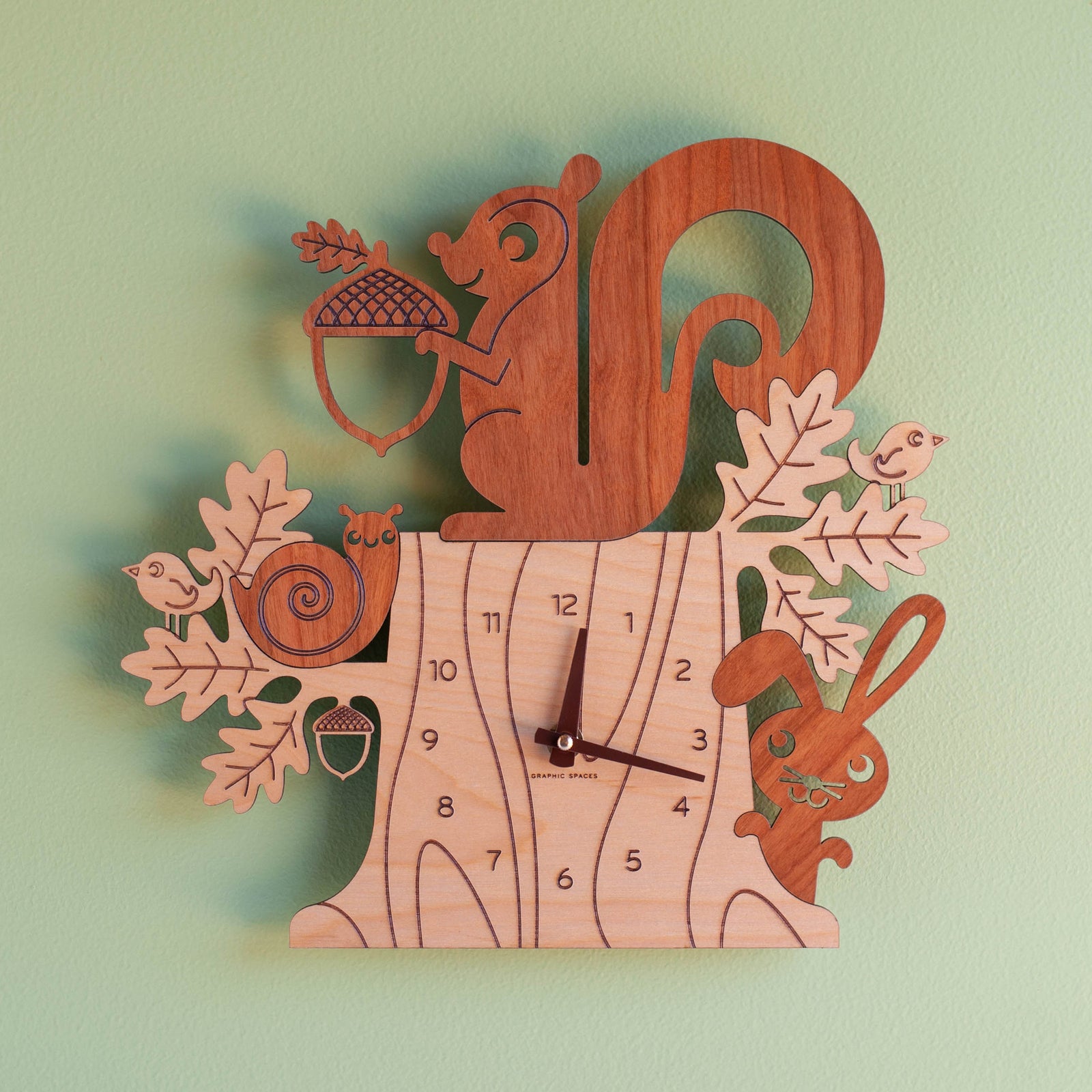Wall Clock - Squirrel (Wood) Cherry and Maple - Chocolate Hands - Front view - Family Made in TN, USA - Graphic Spaces